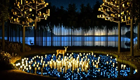 An enchanting midnight lake in a deep, secret location littered with RAL-3D cubes, Great light pours in,Baby deer watching from ...