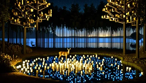 an enchanting midnight lake in a deep, secret location littered with ral-3d cubes, great light pours in,baby deer watching from ...