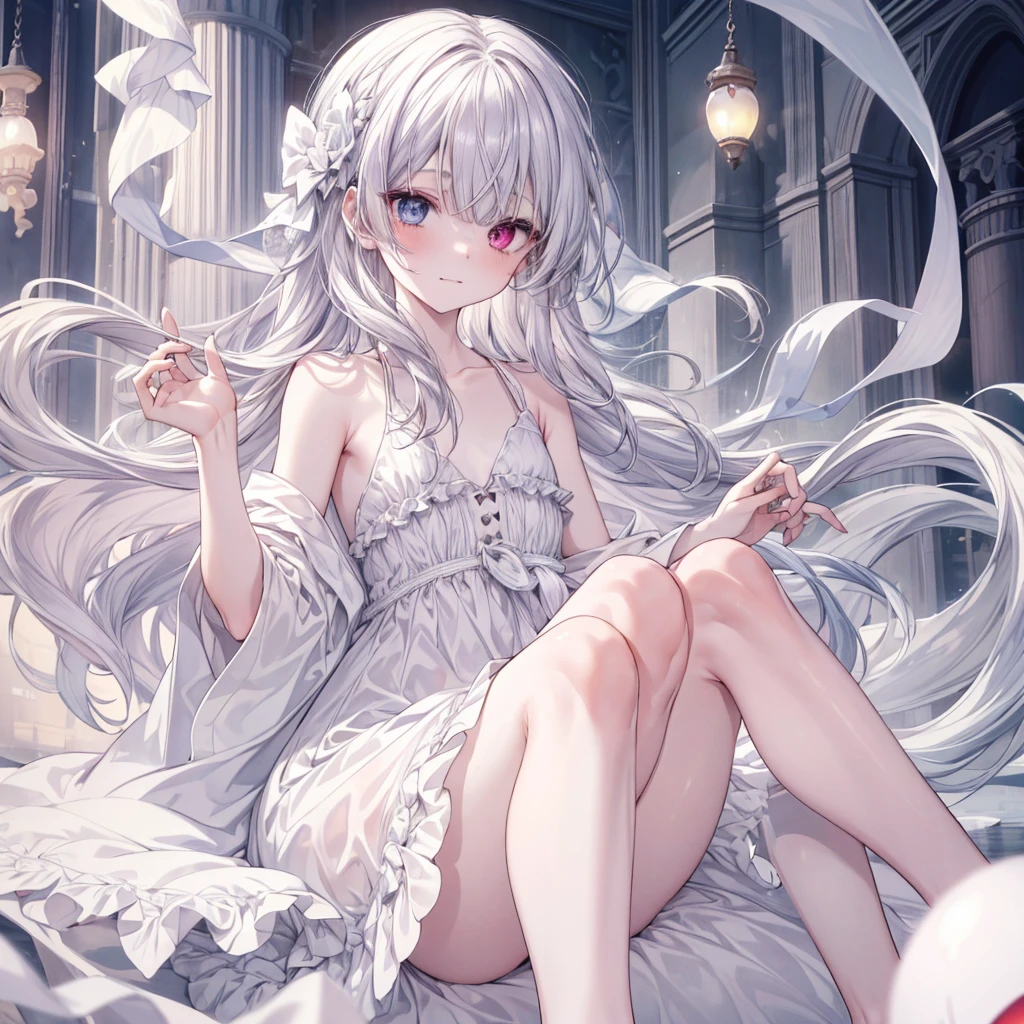 ((Highest quality)), ((masterpiece)), ((detailed)), 1, ghost girl, 独奏, , pale skin, silver hair, long hair, flat chest, sundress, heterochromia, yellow eye, darkpurple eye, (sad), sad smile, toes are transparent, face focus