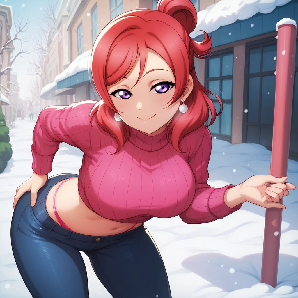 Masterpiece, love live,sexy,facial details,solo, detailed body part details, cowboy shot, bent over, midriff, big breasts,8k wallpaper, one hand on thighs, nishikino maki, low waisted leather pants,tight ,(sweater crop top), earrings,in street,snow, purple eyes, half closed eyes,snow above nose,red hair  ,pov , crotch  ,pink thong straps 