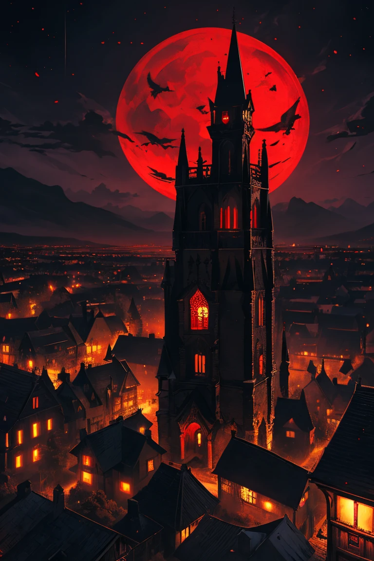 old European village shot with bird view, (Red glowing eyes), masterpiece, Depth of written boundary, Lutz, Gwaites style artwork, Gothic aesthetics, Dark Vampire village, ((in the dark gothic style cathle:1)), ((dark mid-night time:1.5)),