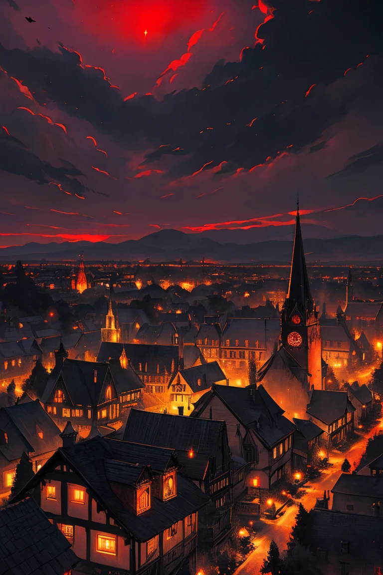 old European village shot with bird view, (Red glowing eyes), masterpiece, Depth of written boundary, Lutz, Gwaites style artwork, Gothic aesthetics, Dark Vampire village, ((in the dark gothic style cathle:1)), ((dark mid-night time:1.5)),