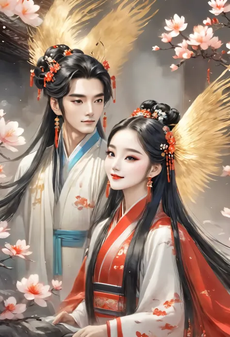 man in long black hanfu, golden wings spread, long black hair, flies. a girl in red hanfu sits on his back, long black hair, she...