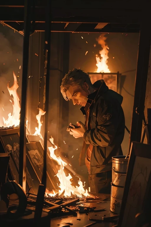 Des flammes dans l&#39;atelier d&#39;un artiste, un jeune homme aux cheveux noirs est piégé à l&#39;intérieur et protège son visage des flammes, le feu engloutit tout le studio