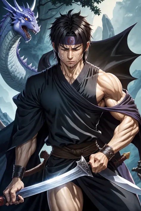 male swordsman,cape, black robe, headband, 2 dragons,huge erect penis､well-trained muscles,young boy,face in pain,crying face,dr...