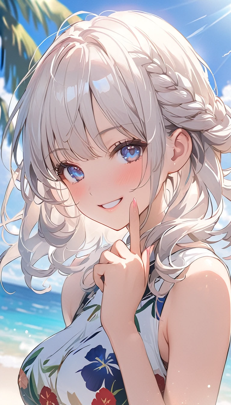 (masterpiece, highest_quality), very be familiar with cg unity 8k wallpaper, wonderful_Are you okay_figure, BREAK 1girl, (long white hair:1.5), big breasts, (shy smile), blue eyes, anime style 4k, beautiful anime portrait, anime moe art style, anime art wallpaper 4k, High quality anime art style, anime style portrait, be familiar with digital anime art, anime art wallpaper 8k, cute anime girl portrait, Hawaii background, blue sea, palm trees, sunlight, whole body, BREAK depth of field, perfect hands, nice fingers, 5_finger, 4_finger,1_thumb,