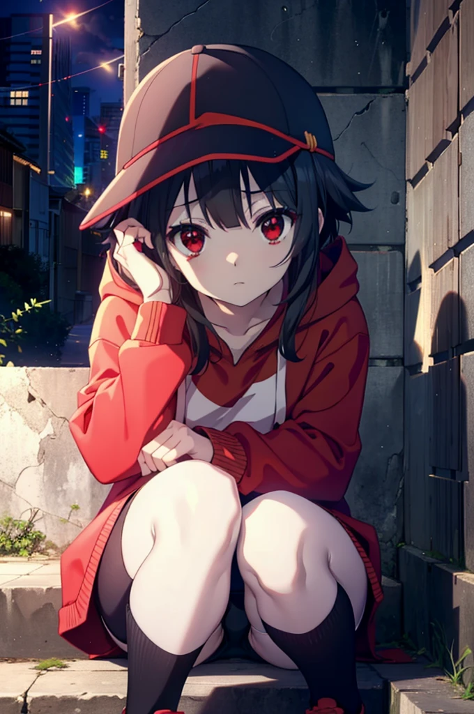 konosubaMegumin, Megumin, short hair, Black Hair, (Red eyes:1.3), short hair with long locks,Oversized red hoodie,Baseball hats,Shorts,White pantyhose,High-top sneakers,night,rain,cloudy,Hiding in a roofed building,Sitting on the stairs,whole bodyがイラストに入るように,
break indoors ,Alley,
break looking at viewer, whole body,
break (masterpiece:1.2), Highest quality, High resolution, unity 8k wallpaper, (figure:0.8), (Beautiful attention to detail:1.6), Highly detailed face, Perfect lighting, Highly detailed CG, (Perfect hands, Perfect Anatomy),