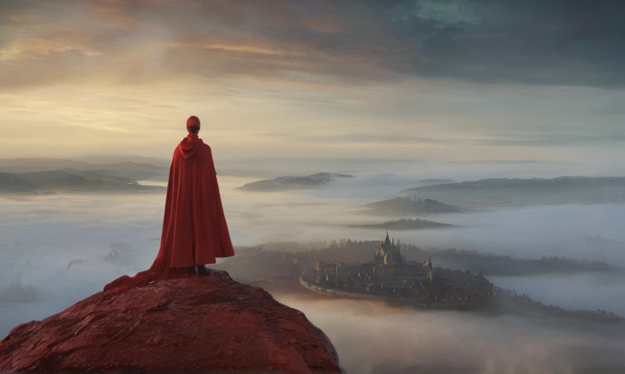 at the foreront there is a young woman with flowing red robes standing on the edge, turn her head over her shoulder to look at the camera, full body shot from high angle, cinematicpainting,sharp mountains with epic clouds ,fog,mist, (masterpiece, best quality),ultra-detailed,add-detail-xl, 