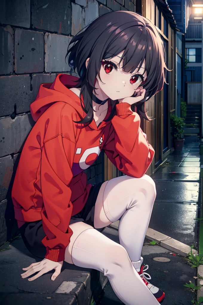 konosubaMegumin, Megumin, short hair, Black Hair, (Red eyes:1.3), short hair with long locks,Oversized red hoodie,Baseball hats,Shorts,White pantyhose,High-top sneakers,night,rain,cloudy,Hiding in a roofed building,Sitting on the stairs,whole bodyがイラストに入るように,
break indoors ,Alley,
break looking at viewer, whole body,
break (masterpiece:1.2), Highest quality, High resolution, unity 8k wallpaper, (figure:0.8), (Beautiful attention to detail:1.6), Highly detailed face, Perfect lighting, Highly detailed CG, (Perfect hands, Perfect Anatomy),