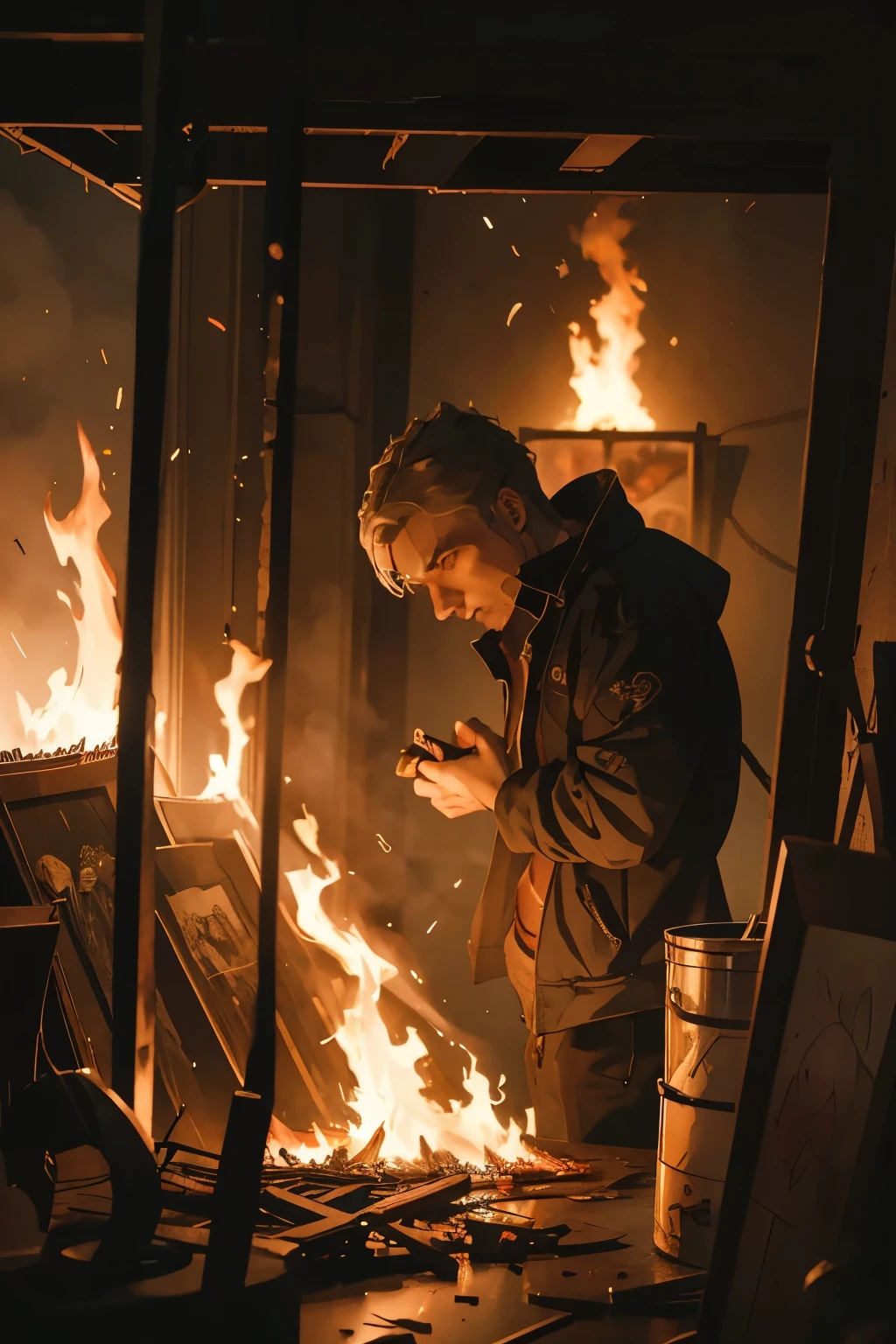 Flames throughout an artist's studio, a young man with dark hair is trapped inside shields his face from the flames, fire engulfs the entire studio