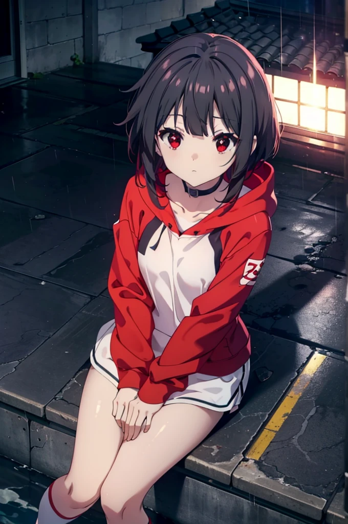 konosubaMegumin, Megumin, short hair, Black Hair, (Red eyes:1.3), short hair with long locks,Oversized red hoodie,Baseball hats,Shorts,White pantyhose,High-top sneakers,night,rain,cloudy,Hiding in a roofed building,Sitting on the stairs,whole bodyがイラストに入るように,
break indoors ,Alley,
break looking at viewer, whole body,
break (masterpiece:1.2), Highest quality, High resolution, unity 8k wallpaper, (figure:0.8), (Beautiful attention to detail:1.6), Highly detailed face, Perfect lighting, Highly detailed CG, (Perfect hands, Perfect Anatomy),