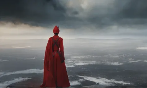 at the forefront there is a young woman with flowing red robes standing on the edge, looking at the camera, full body shot from ...