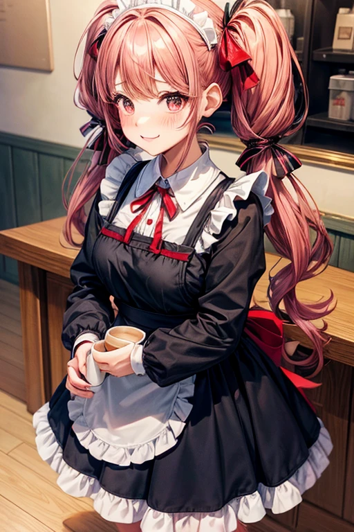 One adult woman,hair_Navy Blue,Twin tails,big tail,Cafe Waitress,apron_red,eye_pink,Lolita Fashion,uniform_red,Long dress_red,ストライプribbon,Frills,ribbon,Laughter,red面,Embarrassed face,Big ,cute,holding a coffee cup