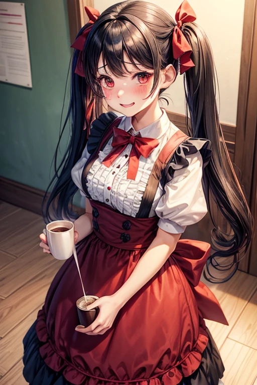 One adult woman,hair_Navy Blue,Twin tails,big tail,Cafe Waitress,apron_red,eye_pink,Lolita Fashion,uniform_red,Long dress_red,ストライプribbon,Frills,ribbon,Laughter,red面,Embarrassed face,Big ,cute,holding a coffee cup