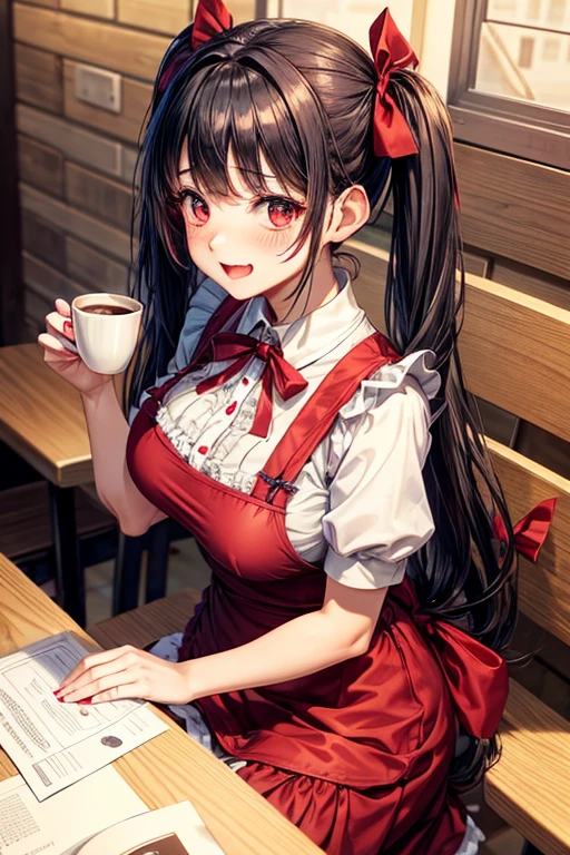 One adult woman,hair_Navy Blue,Twin tails,big tail,Cafe Waitress,apron_red,eye_pink,Lolita Fashion,uniform_red,Long dress_red,ストライプribbon,Frills,ribbon,Laughter,red面,Embarrassed face,Big ,cute,holding a coffee cup