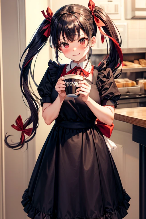One adult woman,hair_Navy Blue,Twin tails,big tail,Cafe Waitress,apron_red,eye_pink,Lolita Fashion,uniform_red,Long dress_red,ストライプribbon,Frills,ribbon,Laughter,red面,Embarrassed face,Big ,cute,holding a coffee cup