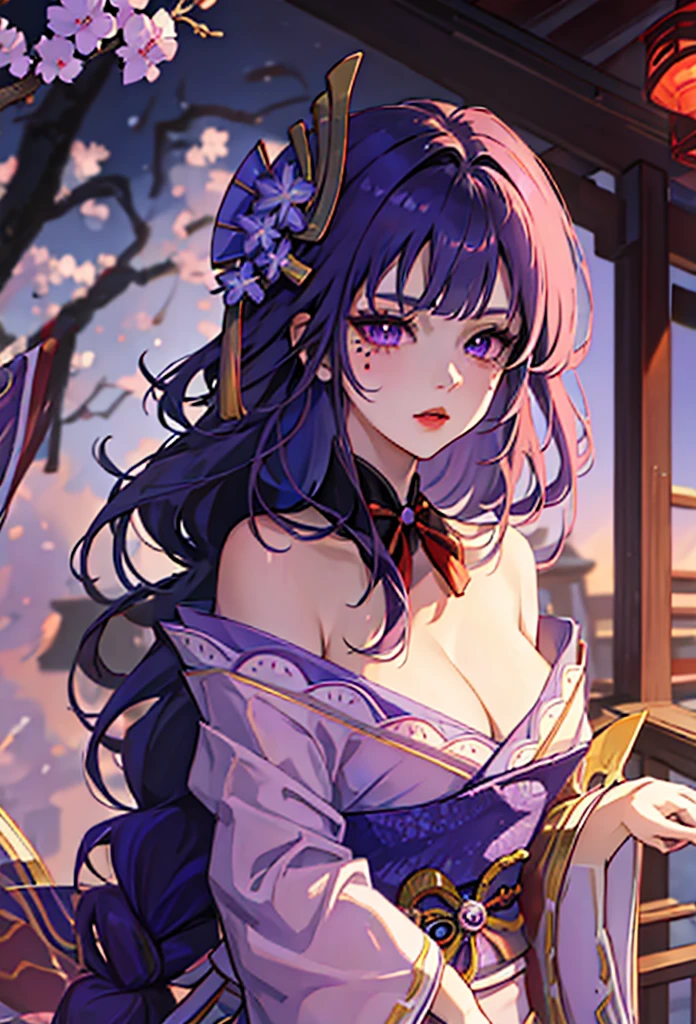 masterpiece, high-quality, 8k resolution, solo, 1 woman, dark violet hair, beauty mark, body suit under kimono, kanzashi, lavender kimono, tomoe decorations, obi, cleavage, big breast, purple eyes, Genshin Impact Raiden Shogun, Ei,