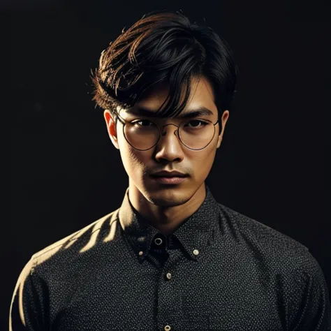 1man, lao, short hair, wavy hair, circle glasses, in the dark