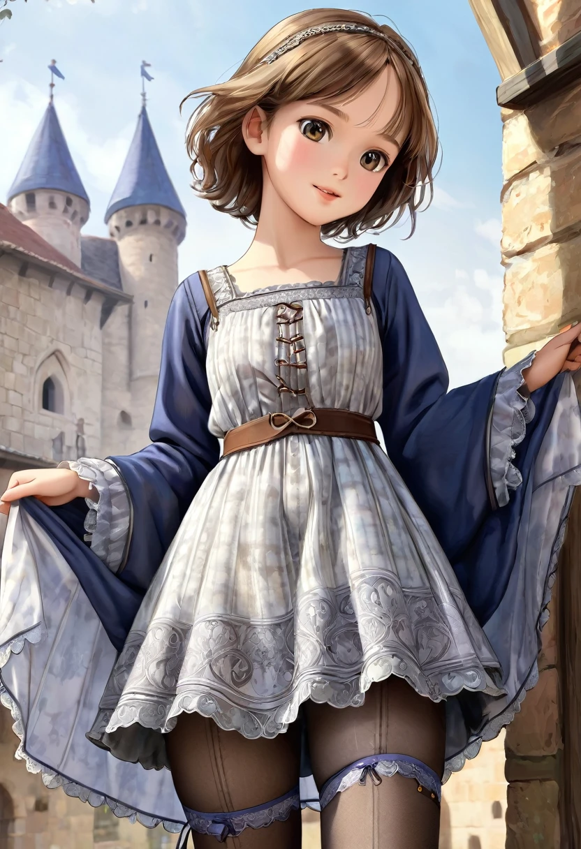 10 year old girl underwear, Realistic panties made from patterned cotton fabric, Medieval one-piece dress with panniers, Fabric Realism, Low - Angle, You can see the drawer, Pull up the dress by hand, Strong winds, Translucent slip, Translucent slip, tights, Highest quality, Crotch close-up, whole body
