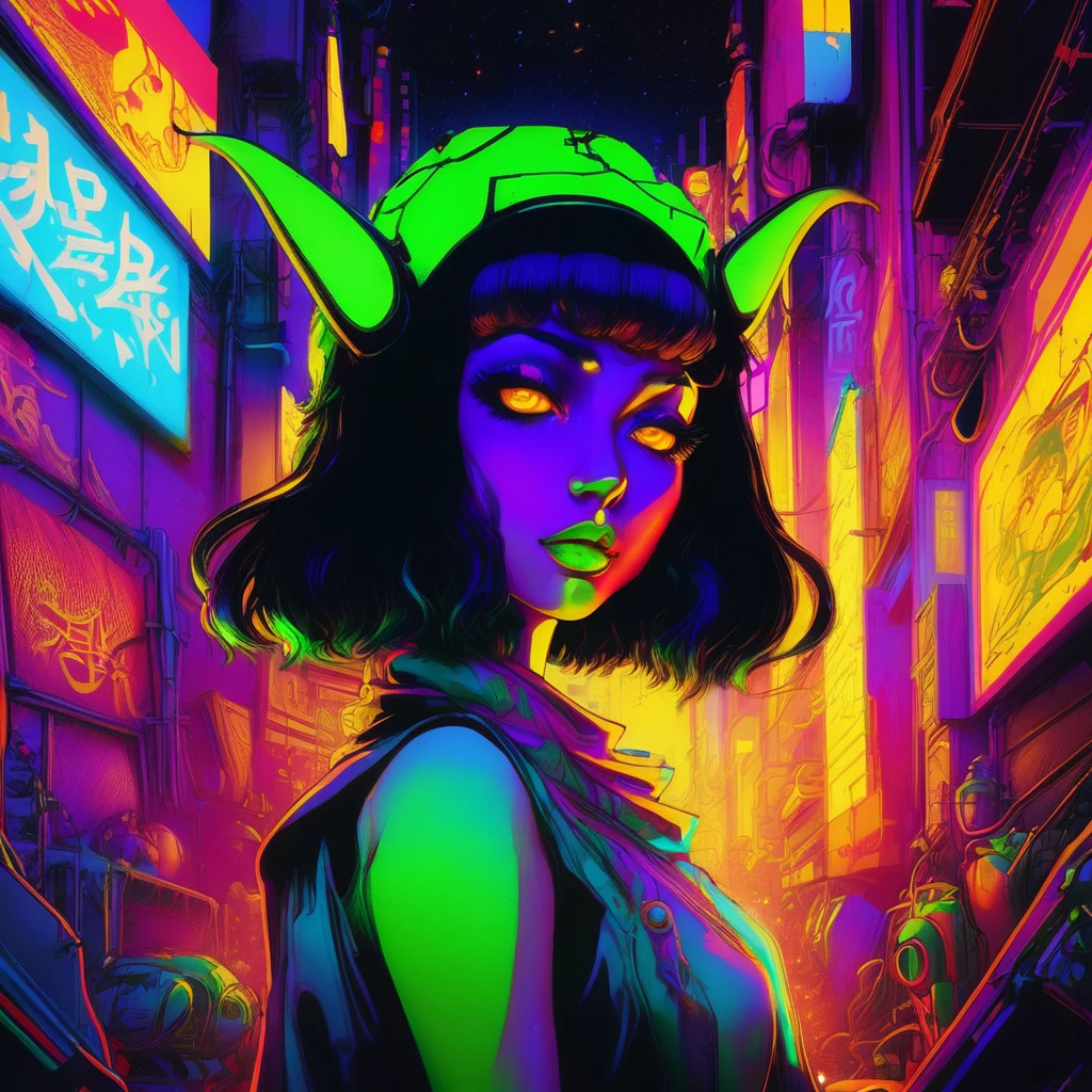 portrait | wide angle shot of eyes off to one side of frame, devil girl, demon, long long hair, looking off in distance ::8 style | daydreampunk with glowing skin and eyes, styled in headdress, beautiful evil, she is dripping in neon warm neon lights, very colorful yellow, red, green, orange, glowing ::8 background | cyberpunki alley, vivid neon wonderland, sparkles, particles, blue, green, purple ::7 parameters | rule of thirds, golden ratio, assymetric composition, hyper- maximalist, octane render, photorealism, cinematic realism, unreal engine, 8k