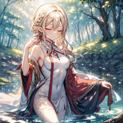 ((highest quality)), ((masterpiece)), ((detailed)), 1woman, elf, 独奏, blonde hair, long hair, large breasts, white dress, light s...