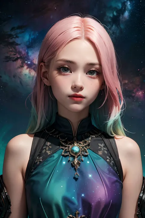 a girl with rainbow colored hair and detailed teal dress armor, standing, rainbow colored cosmic nebula background, stars, galax...