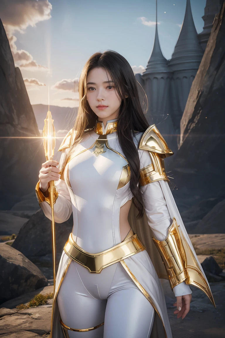 ((masterpiece, best quality, extremely detailed), volumetric lighting, ambient occlusion, colorful, glowing), 1girl, solo, young girl, (dark hair), long hair, halo, aura, sacred, goddess, cleric suit, (white outfit with gold detailst:1.3), armor, outdoors, sunset, sky, clouds, space, (fantasy theme:1.2), full armor