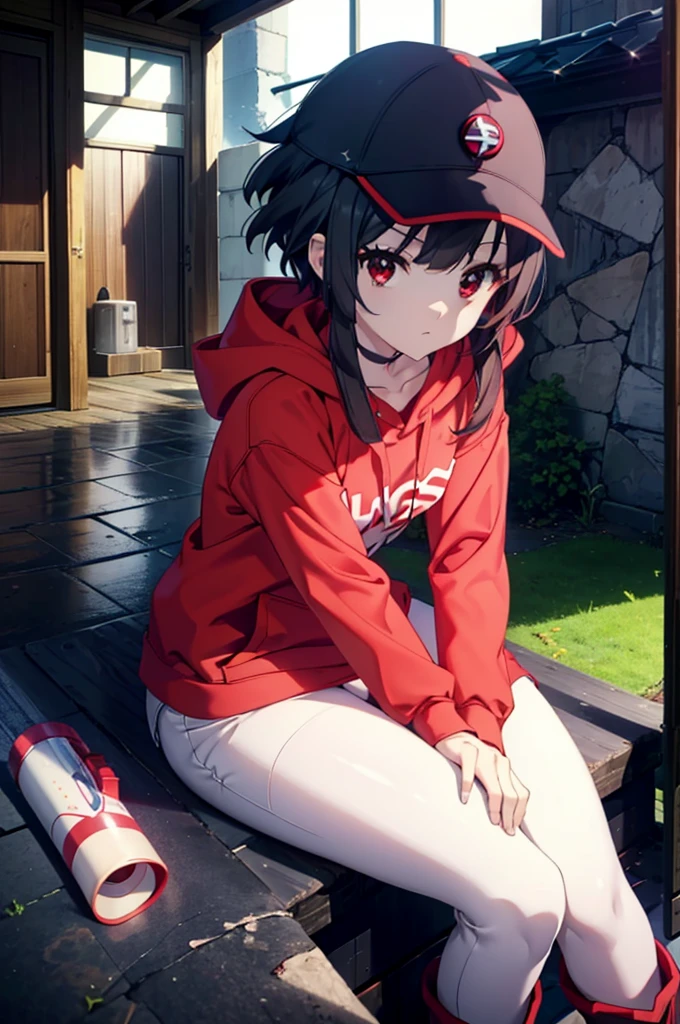 Konosubamegumin, Megumin, Kurzes Haar, schwarzes Haar, (rote Augen:1.3), Kurzes Haar with long locks,übergroßer roter Hoodie,Baseballmützen,kurze Jeans,weiße Strumpfhosen,kurze Stiefel,Nacht,Regen,wolkig,Versteckt in einem überdachten Gebäude,auf der Treppe sitzen,ganzer Körperがイラストに入るように,
brechen indoors ,Gasse,
brechen looking at viewer, ganzer Körper,
brechen (Meisterwerk:1.2), höchste Qualität, Hohe Auflösung, Einheit 8k Hintergrundbild, (Figur:0.8), (Schöne Liebe zum Detail:1.6), sehr detailliertes Gesicht, Perfekte Beleuchtung, Hochdetaillierte CG, (perfekte Hände, Perfekte Anatomie),