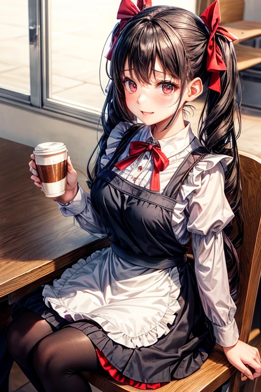 One adult woman,hair_Navy Blue,Twin tails,big tail,Cafe Waitress,apron_red,eye_pink,Lolita Fashion,uniform_red,Long dress_red,ストライプribbon,Frills,ribbon,Laughter,red面,Embarrassed face,Big ,cute,holding a coffee cup