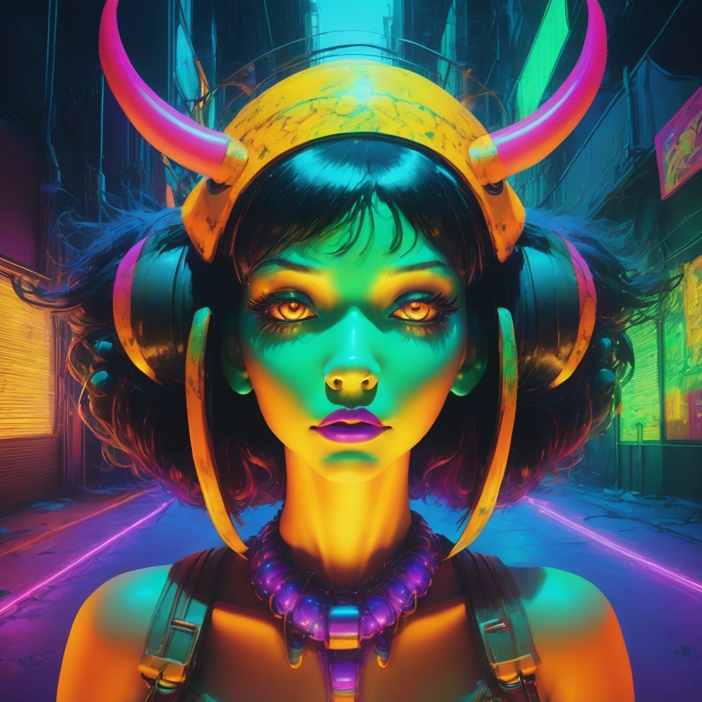 portrait | wide angle shot of eyes off to one side of frame, devil girl, demon, long long hair, looking off in distance ::8 style | daydreampunk with glowing skin and eyes, styled in headdress, beautiful evil, she is dripping in neon warm neon lights, very colorful yellow, red, green, orange, glowing ::8 background | cyberpunki alley, vivid neon wonderland, sparkles, particles, blue, green, purple ::7 parameters | rule of thirds, golden ratio, assymetric composition, hyper- maximalist, octane render, photorealism, cinematic realism, unreal engine, 8k