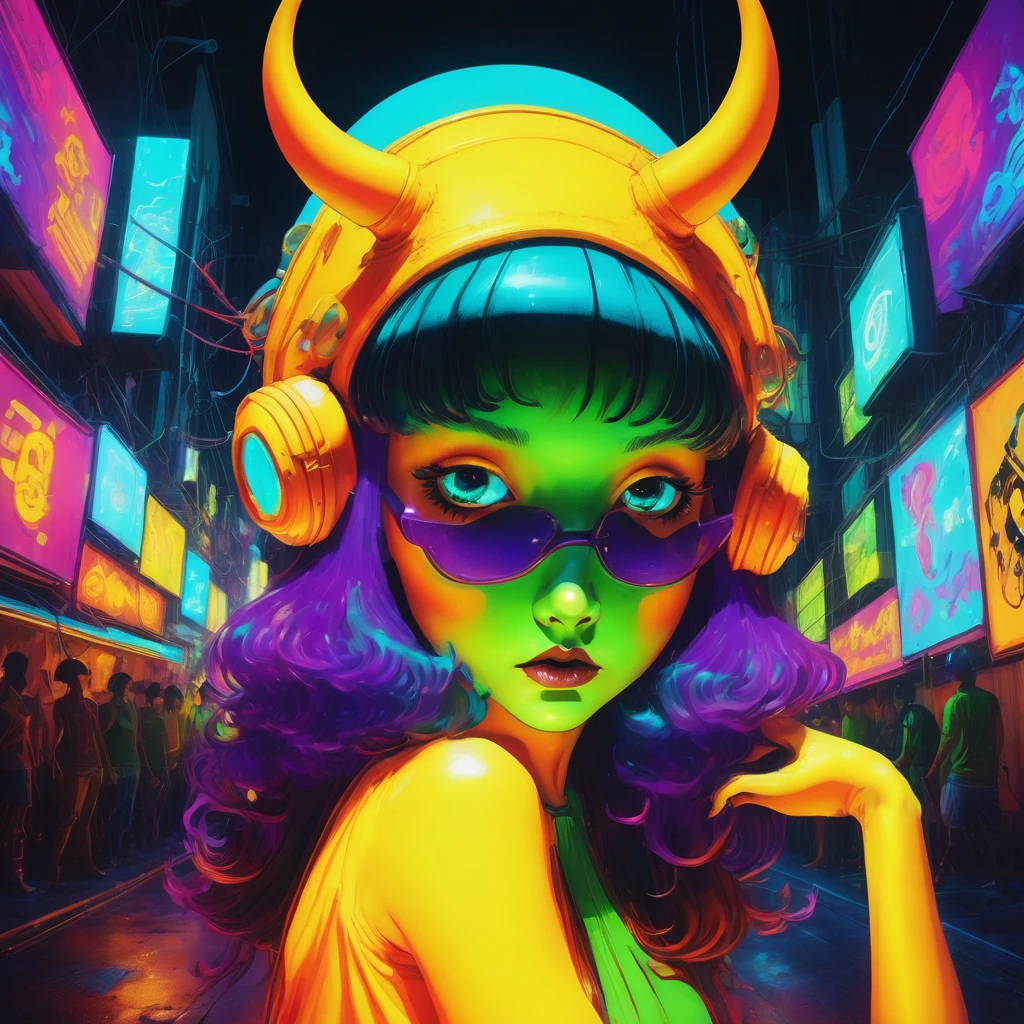 portrait | wide angle shot of eyes off to one side of frame, devil girl, demon, long long hair, looking off in distance ::8 style | daydreampunk with glowing skin and eyes, styled in headdress, beautiful evil, she is dripping in neon warm neon lights, very colorful yellow, red, green, orange, glowing ::8 background | cyberpunki alley, vivid neon wonderland, sparkles, particles, blue, green, purple ::7 parameters | rule of thirds, golden ratio, assymetric composition, hyper- maximalist, octane render, photorealism, cinematic realism, unreal engine, 8k