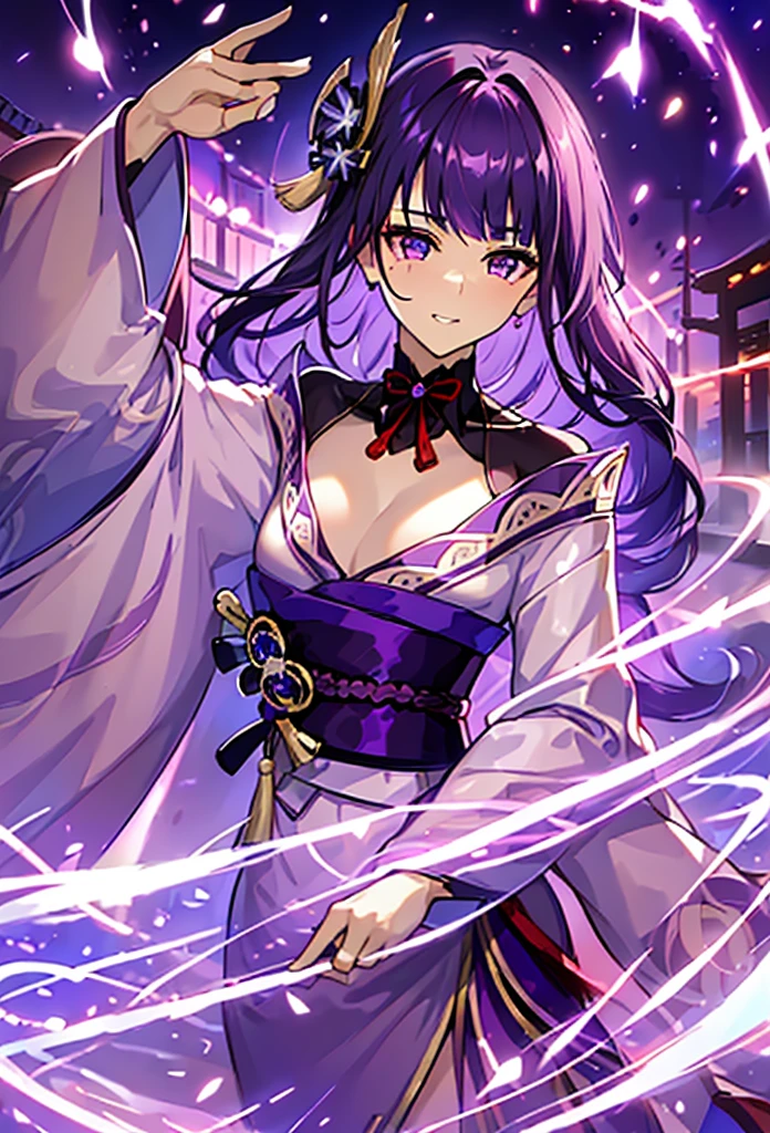 masterpiece, high-quality, 8k resolution, solo, 1 woman, dark violet hair, beauty mark, body suit under kimono, kanzashi, lavender kimono, tomoe decorations, obi, purple eyes, Genshin Impact Raiden Shogun, Ei,