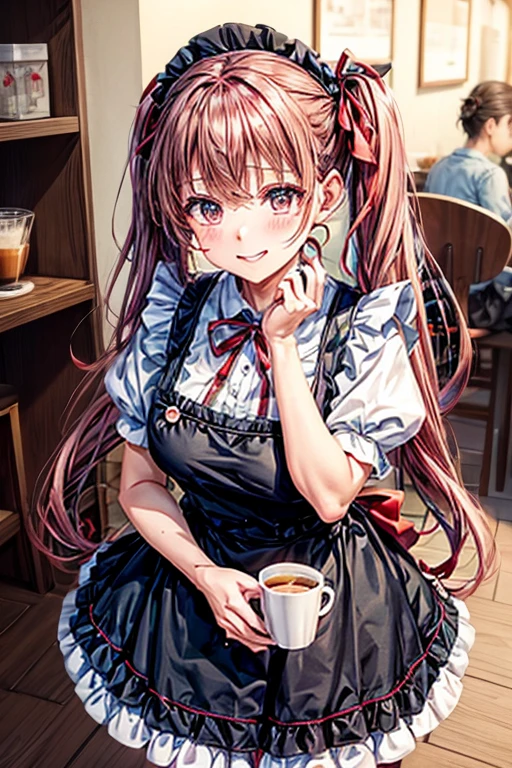 One adult woman,hair_Navy Blue,Twin tails,big tail,Cafe Waitress,apron_red,eye_pink,Lolita Fashion,uniform_red,Long dress_red,ストライプribbon,Frills,ribbon,Laughter,red面,Embarrassed face,Big ,cute,holding a coffee cup