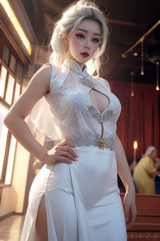 realisticlying, A high resolution, 1 rapariga, White color hair, korean people, eBlue eyes, The transparent cheongsam is flying，Sheer tight-fitting garments，Beads of sweat dripped down the buttocks，Large chest，Wide buttock， your ass，Butt visible，Visible on the back，buttocks visible，Ass pouted，wide wide shot，Cinema lenses，The skin glows，space ship，