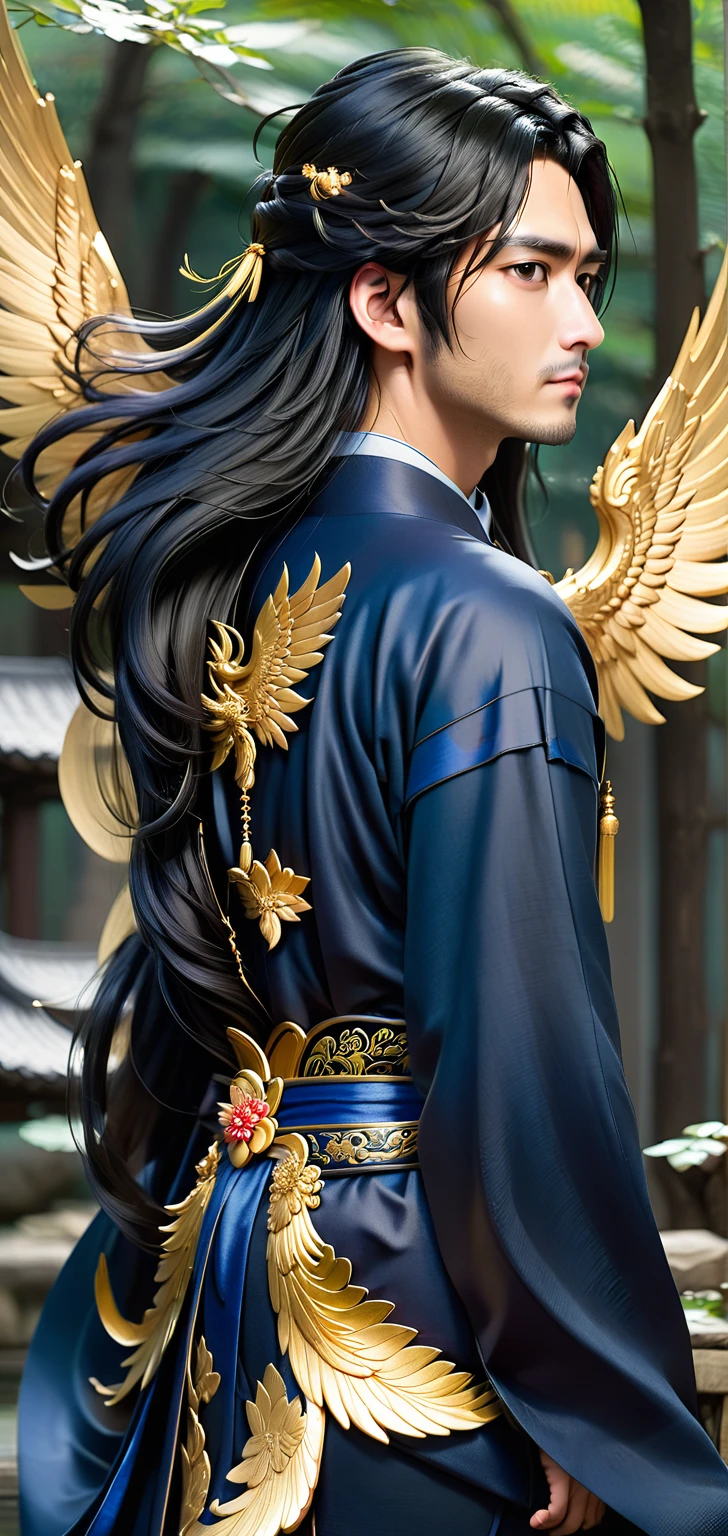 1 guy, long black hair, dark blue hanfu, golden wings behind my back