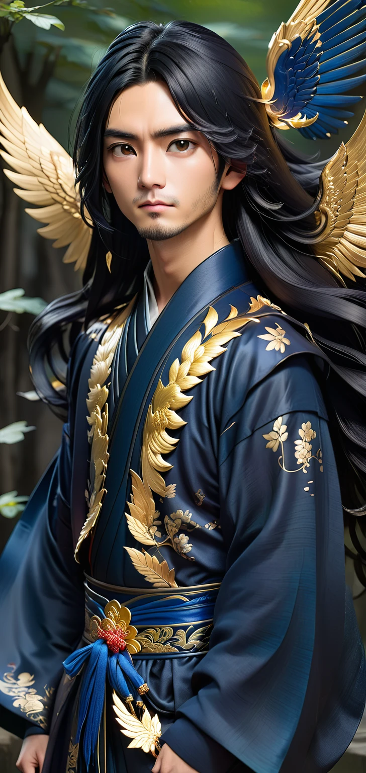1 guy, long black hair, dark blue hanfu, golden wings behind my back