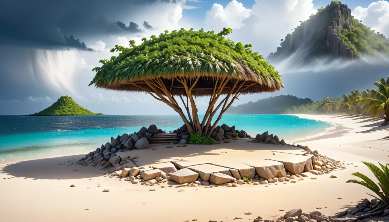 Deserted Island Environment，Desert island，Shelter made of stone，It was raining heavily