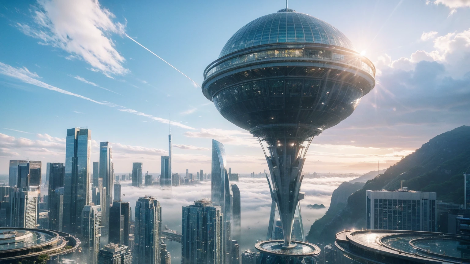 (Best quality,4K,8K,A high resolution,Masterpiece:1.2),Ultra-detailed,(Realistic,Photorealistic,photo-realistic:1.37),Futuristic floating city,Futuristic technology,Huge urban high-tech tablet platform,Airship,Floating in the sky,Futuristic city,Small airships around,High-tech hemispherical platform,Colorful lights,Advanced architecture,modernn architecture,skyscrapper,Access the cloud,Scenic beauty,view over city,Impressive design,Blend seamlessly with nature,energetic and vibrant atmosphere,Futuristic transportation system,Parking is suspended,Transparent path,Lush greenery,Sky gardens,cascading waterfalls,Magnificent skyline,reflections on the water,Sparkling river,Architectural innovation,futuristic skyscrapers,Transparent dome,The shape of the building is unusual,Elevated walkway,Impressive skyline,Glowing lights,Futuristic technology,Minimalist design,Scenic spots,Panoramic view,Cloud Piercing Tower,Vibrant colors,epic sunrise,epic sunset,Dazzling light display,magical ambiance,The future city,Urban Utopia,LuxuryLifestyle,Innovative energy,sustainable development,Smart city technology,Advanced infrastructure,Tranquil atmosphere,Nature and technology live in harmony,Awesome cityscape,Unprecedented urban planning,Architecture connects seamlessly with nature,High-tech metropolis,A cutting-edge engineering marvel,The future of urban living,Visionary architectural concept,Energy-efficient buildings,Harmony with the environment,A city floating above the clouds,Utopian dreams become reality,The possibilities are endless,State-of-the-art transportation network,Green energy integration,Innovative materials,Impressive holographic display,Advanced communication system,Breathtaking aerial view,Quiet and peaceful environment,Modernist aesthetics,Ethereal beauty