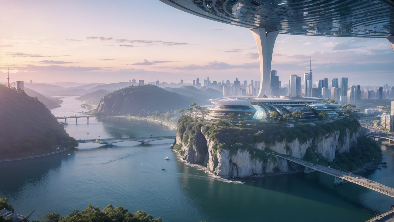 (Best quality,4K,8K,A high resolution,Masterpiece:1.2),Ultra-detailed,(Realistic,Photorealistic,photo-realistic:1.37),Futuristic floating city,Futuristic technology,Huge urban high-tech tablet platform,Airship,Floating in the sky,Futuristic city,Small airships around,High-tech hemispherical platform,Colorful lights,Advanced architecture,modernn architecture,skyscrapper,Access the cloud,Scenic beauty,view over city,Impressive design,Blend seamlessly with nature,energetic and vibrant atmosphere,Futuristic transportation system,Parking is suspended,Transparent path,Lush greenery,Sky gardens,cascading waterfalls,Magnificent skyline,reflections on the water,Sparkling river,Architectural innovation,futuristic skyscrapers,Transparent dome,The shape of the building is unusual,Elevated walkway,Impressive skyline,Glowing lights,Futuristic technology,Minimalist design,Scenic spots,Panoramic view,Cloud Piercing Tower,Vibrant colors,epic sunrise,epic sunset,Dazzling light display,magical ambiance,The future city,Urban Utopia,LuxuryLifestyle,Innovative energy,sustainable development,Smart city technology,Advanced infrastructure,Tranquil atmosphere,Nature and technology live in harmony,Awesome cityscape,Unprecedented urban planning,Architecture connects seamlessly with nature,High-tech metropolis,A cutting-edge engineering marvel,The future of urban living,Visionary architectural concept,Energy-efficient buildings,Harmony with the environment,A city floating above the clouds,Utopian dreams become reality,The possibilities are endless,State-of-the-art transportation network,Green energy integration,Innovative materials,Impressive holographic display,Advanced communication system,Breathtaking aerial view,Quiet and peaceful environment,Modernist aesthetics,Ethereal beauty