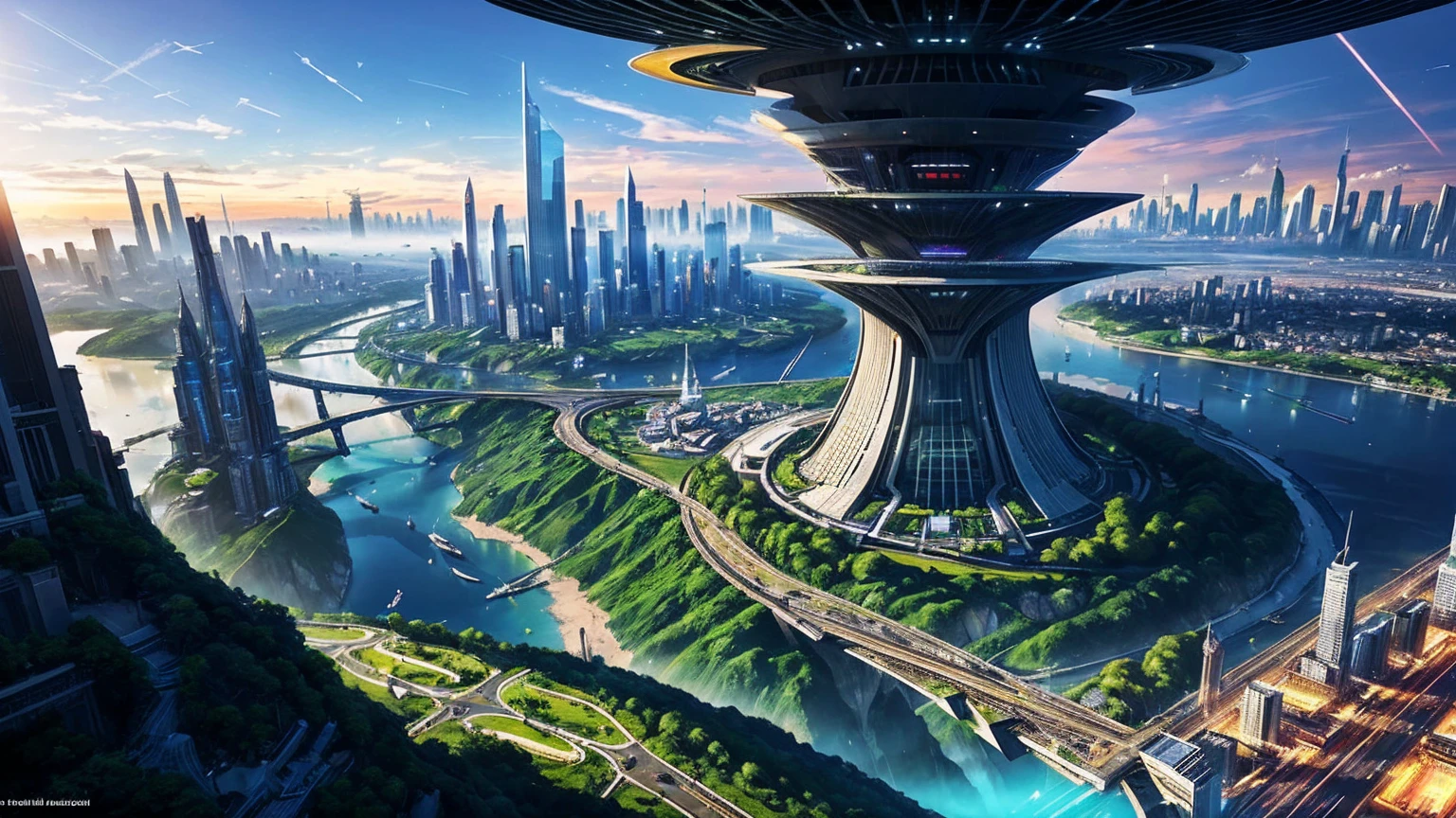 (Best quality,4K,8K,A high resolution,Masterpiece:1.2),Ultra-detailed,(Realistic,Photorealistic,photo-realistic:1.37),Futuristic floating city,Futuristic technology,Huge urban high-tech tablet platform,Airship,Floating in the sky,Futuristic city,Small airships around,High-tech hemispherical platform,Colorful lights,Advanced architecture,modernn architecture,skyscrapper,Access the cloud,Scenic beauty,view over city,Impressive design,Blend seamlessly with nature,energetic and vibrant atmosphere,Futuristic transportation system,Parking is suspended,Transparent path,Lush greenery,Sky gardens,cascading waterfalls,Magnificent skyline,reflections on the water,Sparkling river,Architectural innovation,futuristic skyscrapers,Transparent dome,The shape of the building is unusual,Elevated walkway,Impressive skyline,Glowing lights,Futuristic technology,Minimalist design,Scenic spots,Panoramic view,Cloud Piercing Tower,Vibrant colors,epic sunrise,epic sunset,Dazzling light display,magical ambiance,The future city,Urban Utopia,LuxuryLifestyle,Innovative energy,sustainable development,Smart city technology,Advanced infrastructure,Tranquil atmosphere,Nature and technology live in harmony,Awesome cityscape,Unprecedented urban planning,Architecture connects seamlessly with nature,High-tech metropolis,A cutting-edge engineering marvel,The future of urban living,Visionary architectural concept,Energy-efficient buildings,Harmony with the environment,A city floating above the clouds,Utopian dreams become reality,The possibilities are endless,State-of-the-art transportation network,Green energy integration,Innovative materials,Impressive holographic display,Advanced communication system,Breathtaking aerial view,Quiet and peaceful environment,Modernist aesthetics,Ethereal beauty