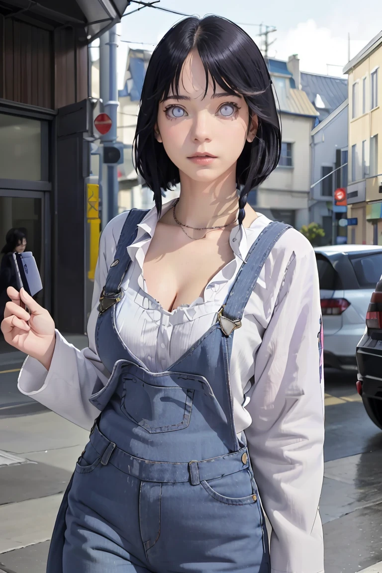 tmasterpiece， best qualityer， ultra - detailed， illustration，1girll，
long whitr hair，dark-blue hair，french braid，Purple eye，bluntbangs，cleavage，Large breasts
shirt，（jeans overalls：1.1），
mideum breasts， 
looking at viewert，hyouka/（Boruto/），Detailed lips