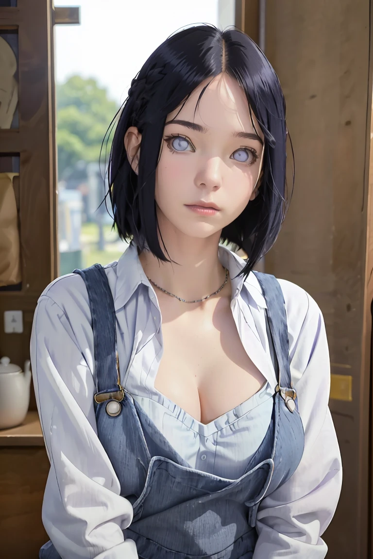 tmasterpiece， best qualityer， ultra - detailed， illustration，1girll，
long whitr hair，dark-blue hair，french braid，Purple eye，bluntbangs，cleavage，Large breasts
shirt，（jeans overalls：1.1），
mideum breasts， 
looking at viewert，hyouka/（Boruto/），Detailed lips