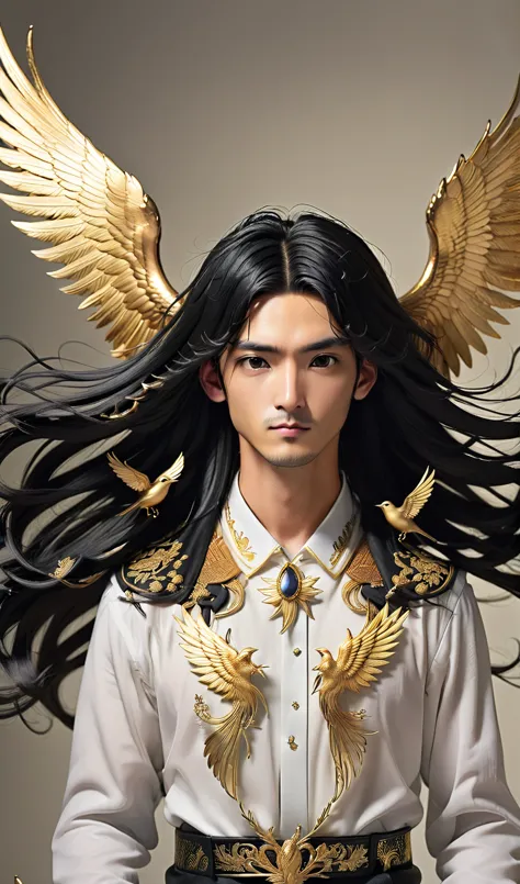 1 guy, long black hair, bird hairpin, spread his golden wings