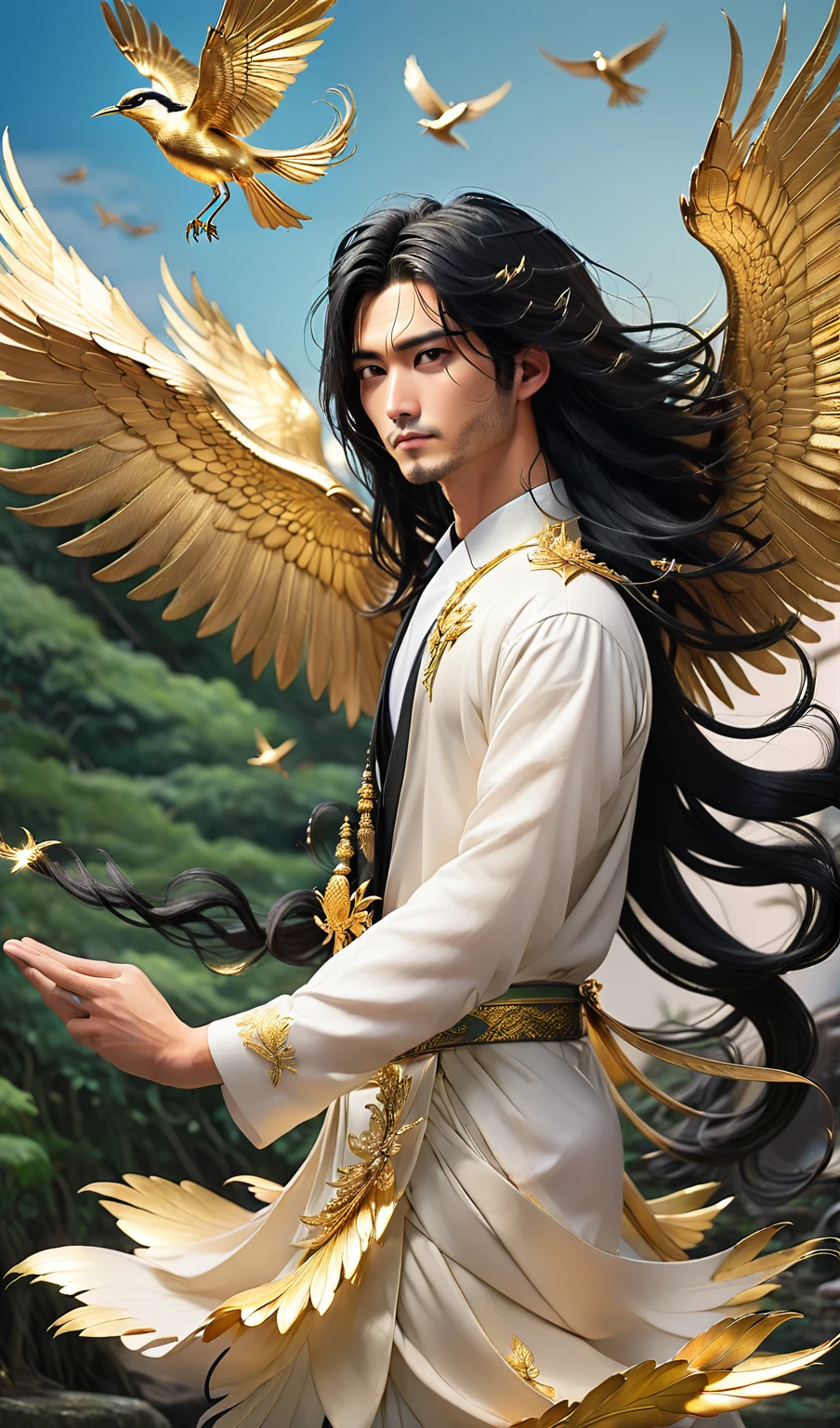 1 guy, long black hair, bird hairpin, spread his golden wings
