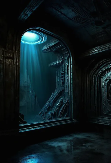 01_rays of black light, 史诗Alien Spaceship的内部, the atmospheRe of the movie “alien”. Bionic foRms coveR the walls in Bas-relief, 黑...