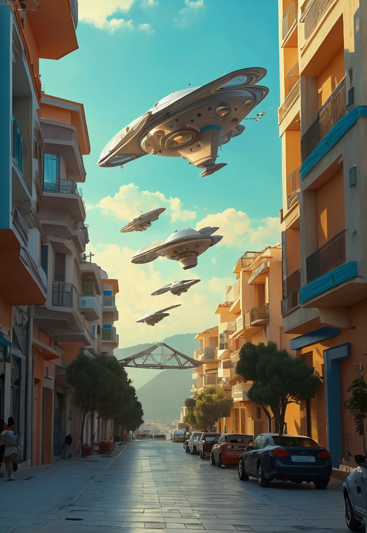 Vaisseau spatial volant dans le ciel au-dessus du district d&#39;Alanya à Antalya, marcher dans les rues en 2050