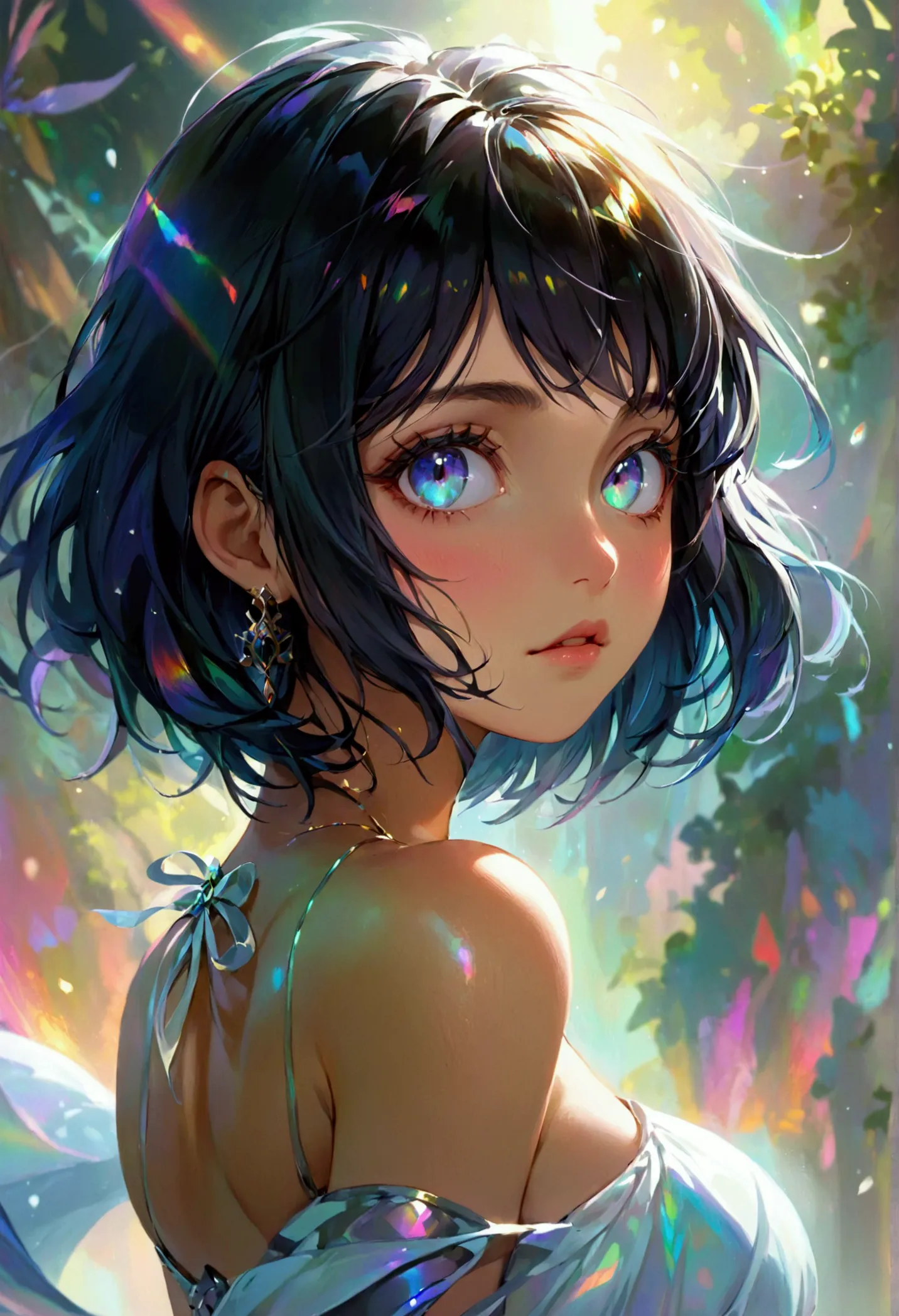 (masterpiece), best quality, expressive eyes, perfect face, Girl,long dark iridescent hair, iridescent eyes, small waist, medium...