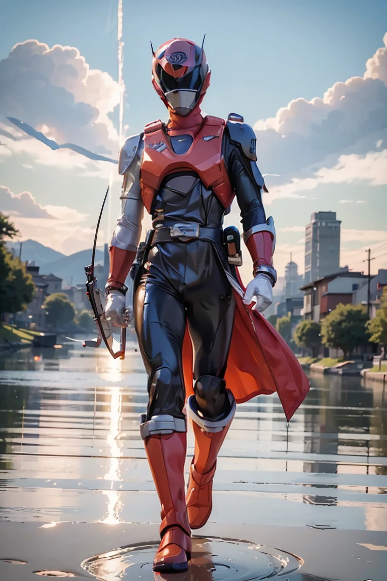 The sunset flies with the  geese in the distance, and the autumn river water and the vast sky are connected, icons,1boy, full body, Illustration, cinematic light, high resolution, best quality, ultra detailed, masterpiece, power suit, powerranger, suit, spd, (silver ranger suit), gold detail, shoulder cloak,