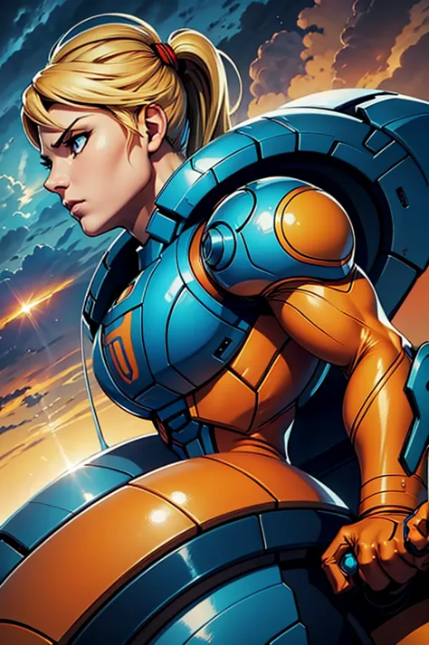 side view, small head, sside view, small head, samus aran, upper-body shot, (ultrasharp, masterpiece, best quality), blonde pony...