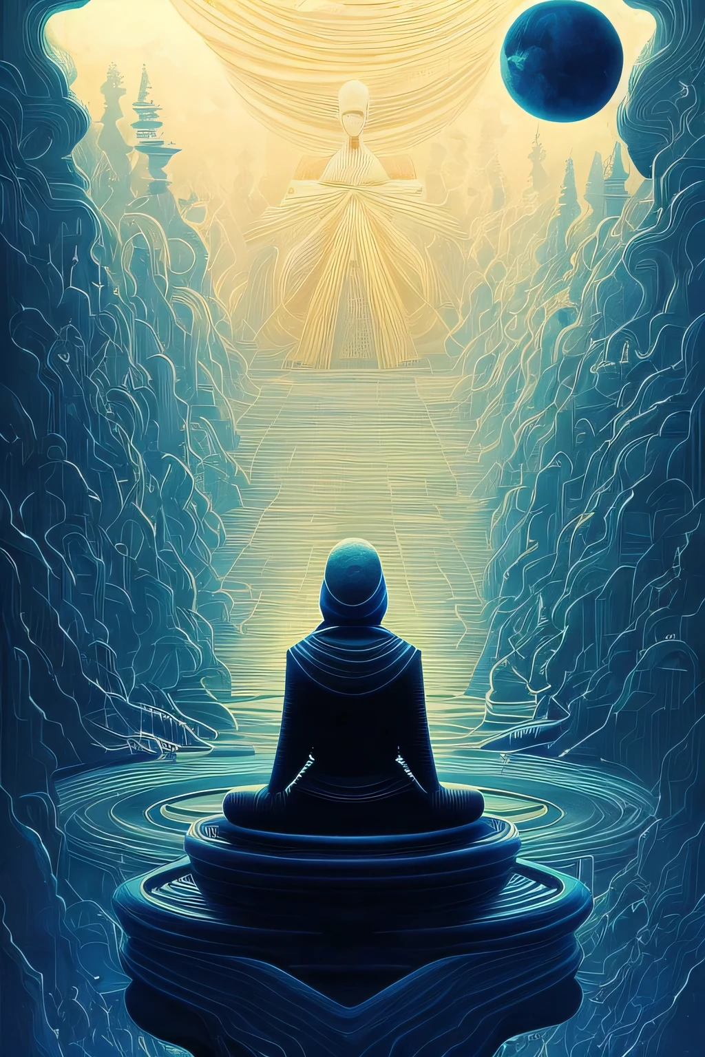 A picture of a person, sitting in a meditation pose on a blue surface, Adim Kashin, inspired by Enki Bilal, figure with a mask without a mouth with a sad expression in the eyes , inspired by Gyoshu Hayami, Painting of white human figures, detailed picture of the film dunes, without faces, Ditigal painting, figure with hood, Vdragan Bibin, Shikanosuke Yagaki 